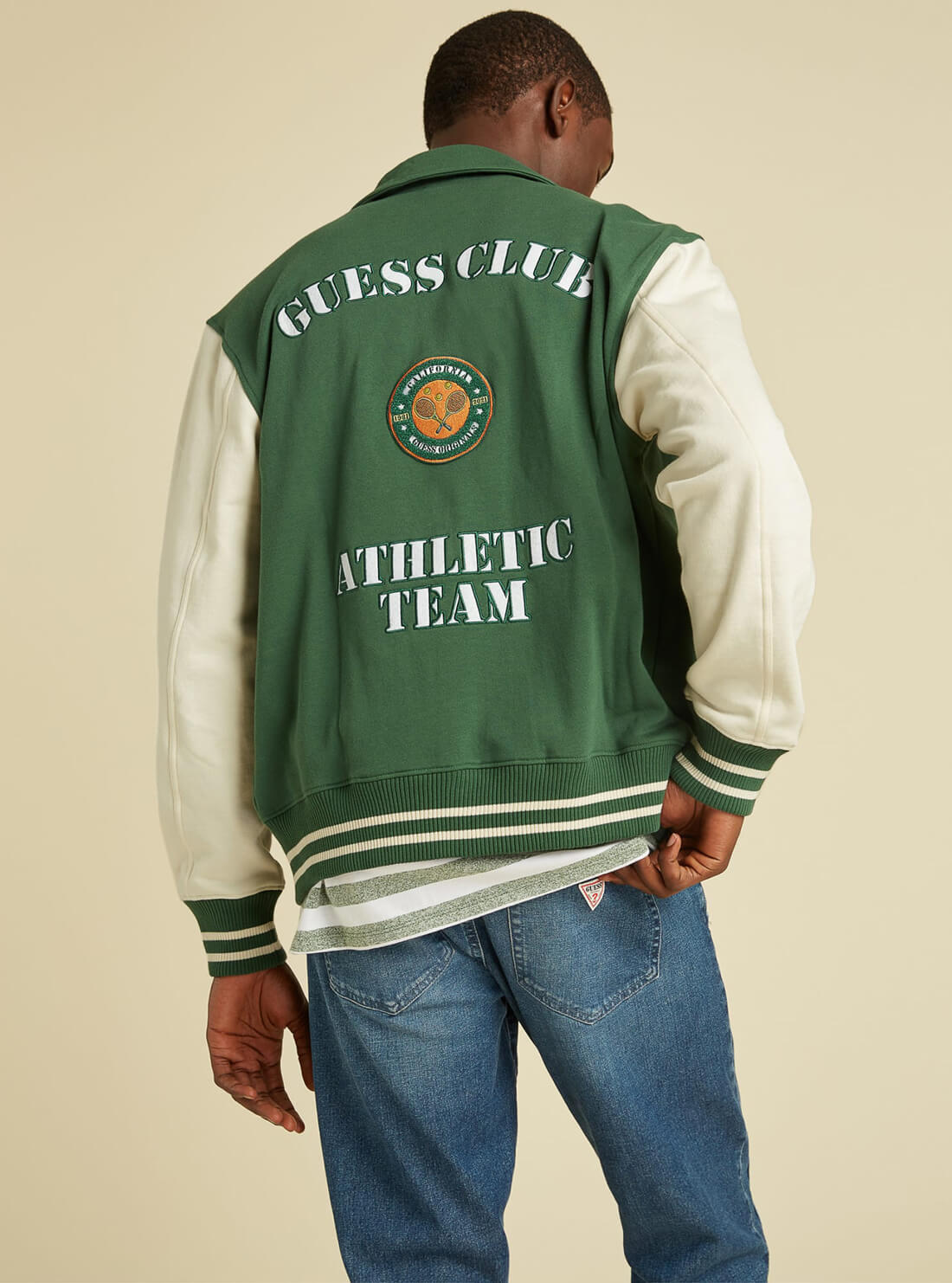 GUESS Mens GUESS Originals Green Elliot Varsity Bomber Jacket M1BQ25K9YH0 Back View