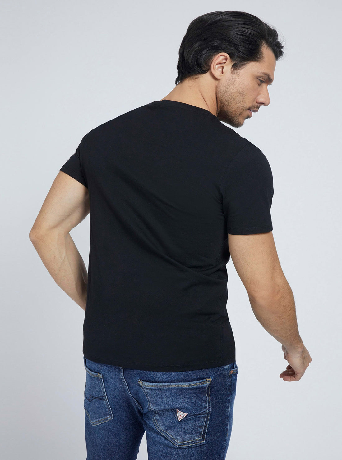 GUESS Mens Eco Black V-Neck Basic T-Shirt M1RI37I3Z11 Back Model View