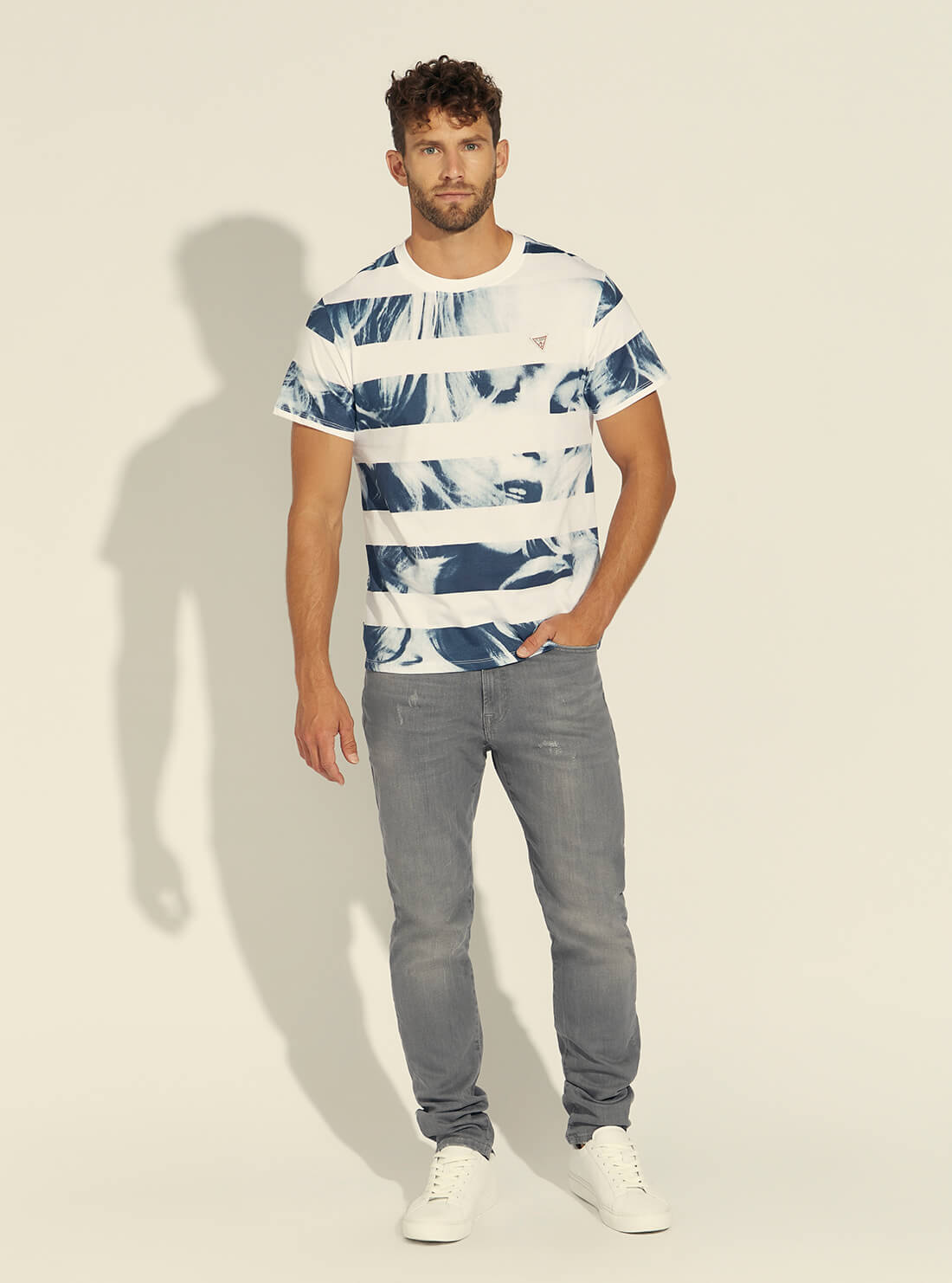 GUESS Mens Eco Shooting Blue Striped Photo T-Shirt    M1YI72I3Z11 Full View