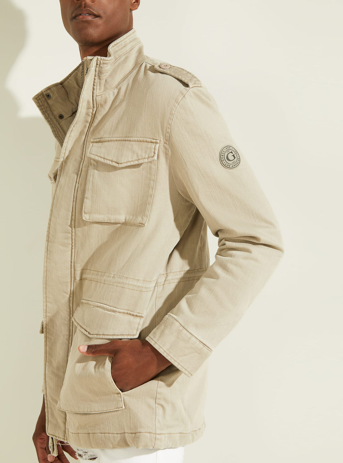 GUESS Mens Khaki Beige Military Field Jacket M1YL51WDZQ0 Side View