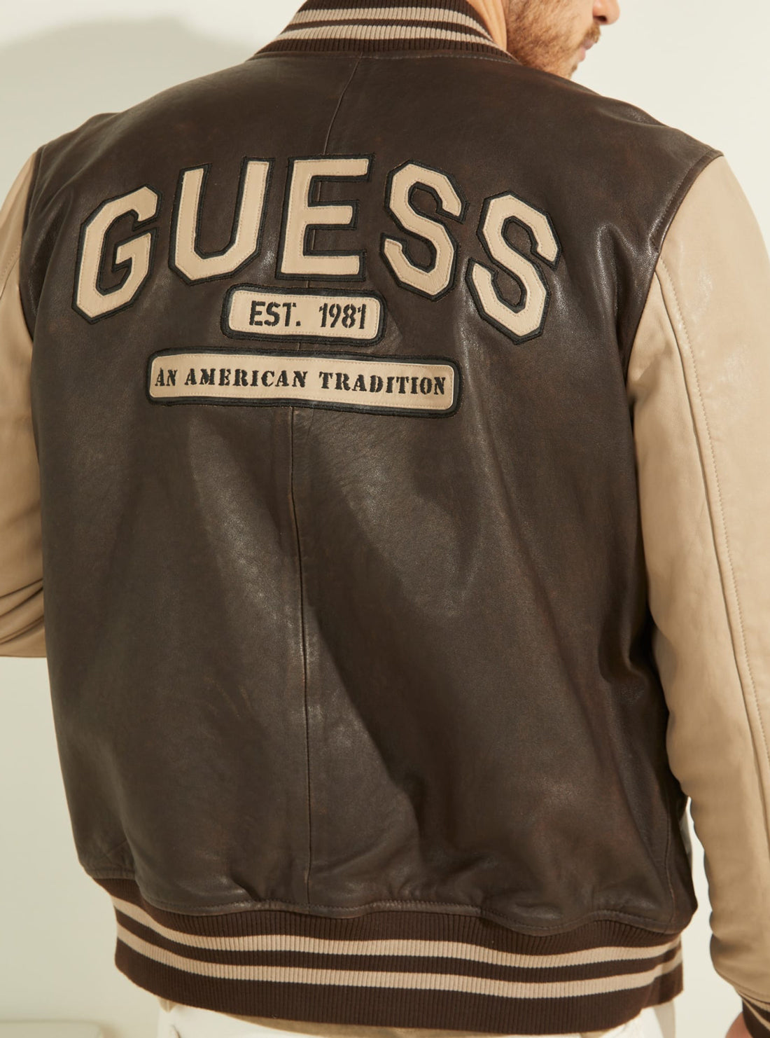 GUESS Mens Brown Logo Patch Varsity Bomber Jacket M1YL70L0PH0 Detail View