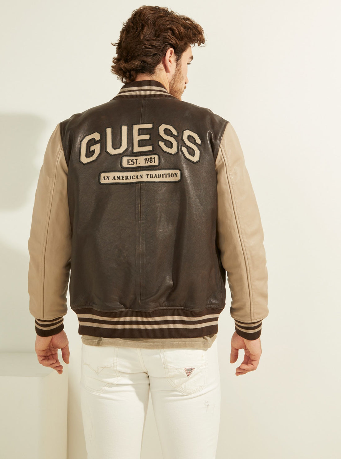 GUESS Mens Brown Logo Patch Varsity Bomber Jacket M1YL70L0PH0 Back View