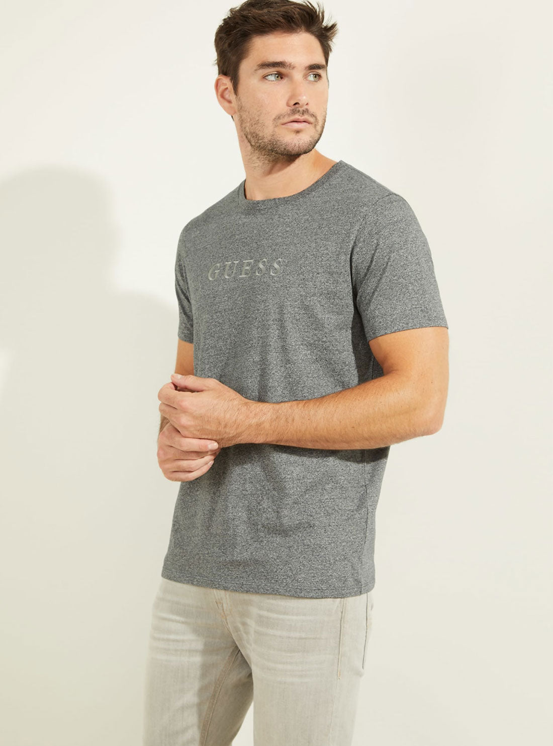 GUESS Mens Grey Pima Logo Crew Neck Tee M82P64R7HD0 Front View