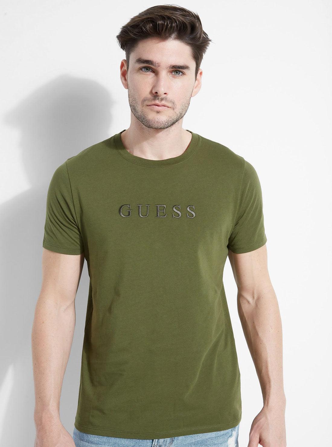 GUESS Mens Green Pima Logo Crew Neck Tee M82P64R7HD0 Front View