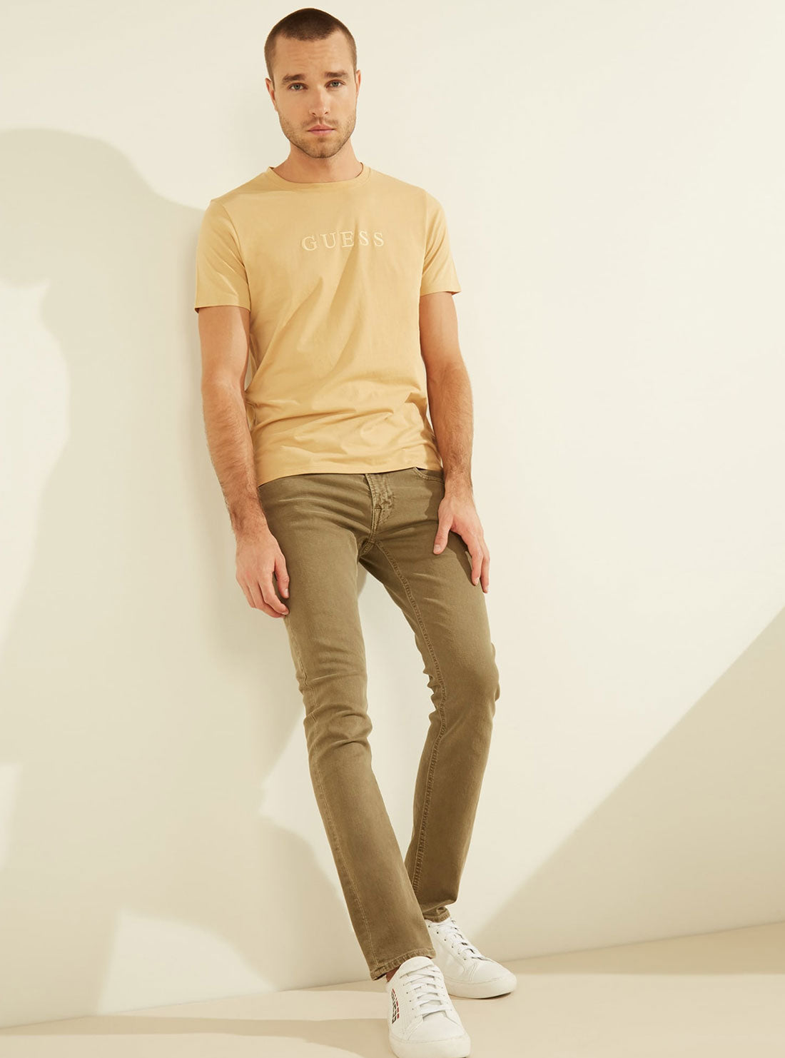 GUESS Mens Tan Pima Logo Crew Neck Tee  M82P64R7HD0 Full View