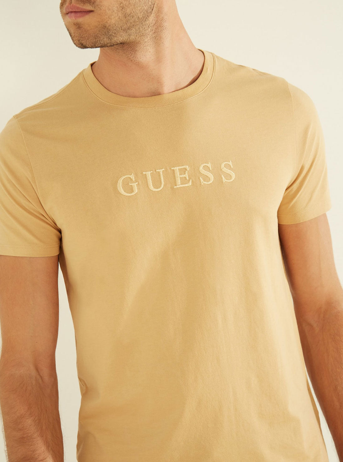 GUESS Mens Tan Pima Logo Crew Neck Tee  M82P64R7HD0 Detail View