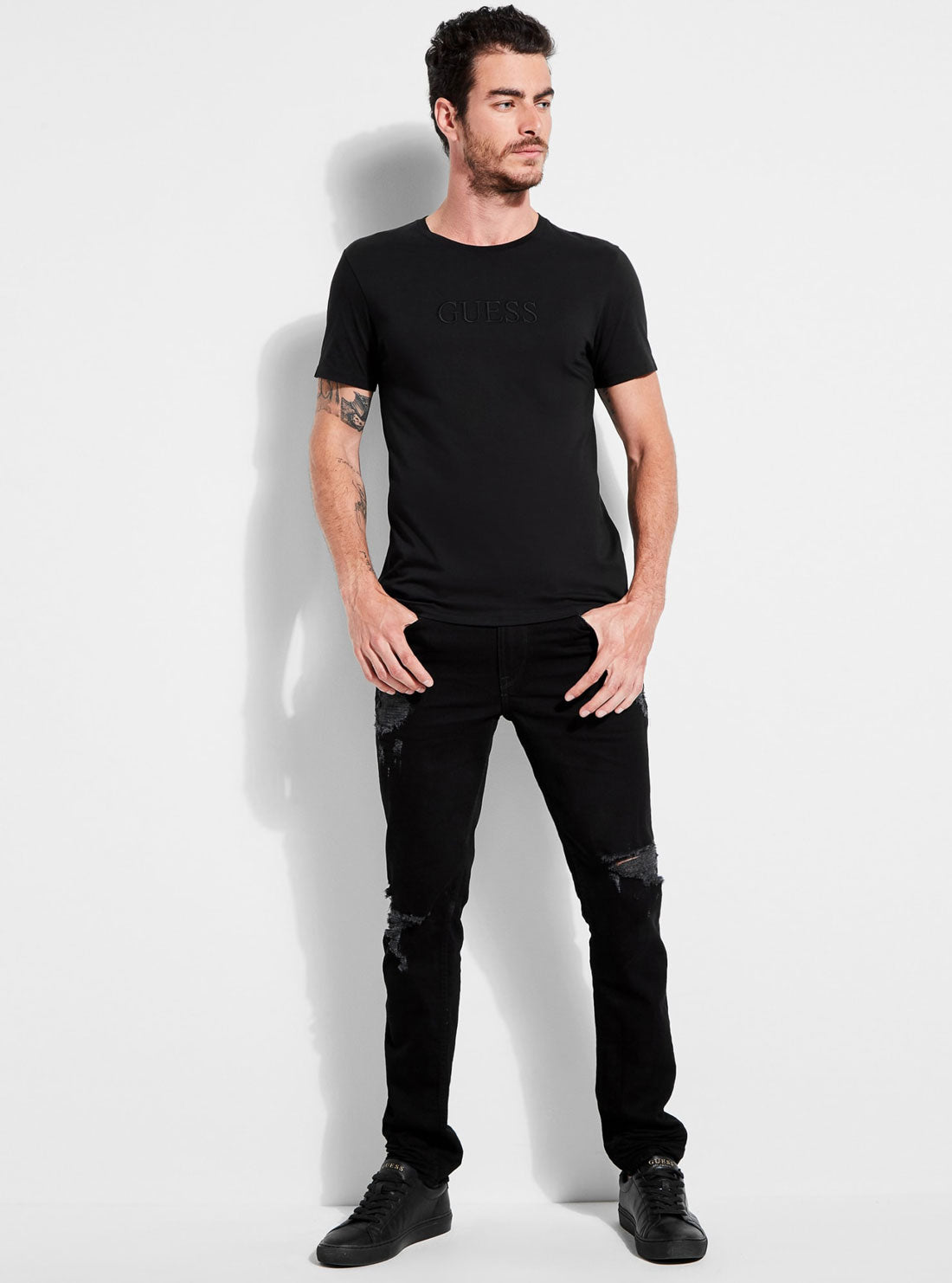 GUESS Mens Black Pima Logo Crew Neck Tee    M82P64R7HD0 Full View