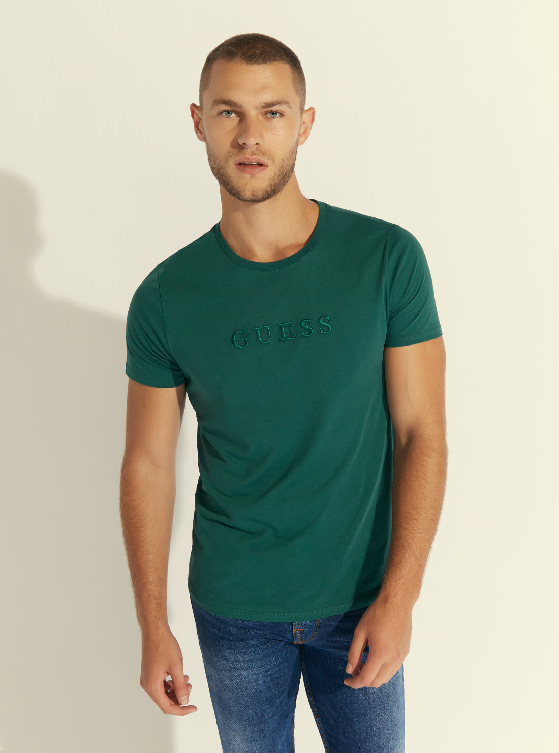 GUESS Mens Dark Green Pima Logo Crew Neck Tee M82P64R7HD0 Front View