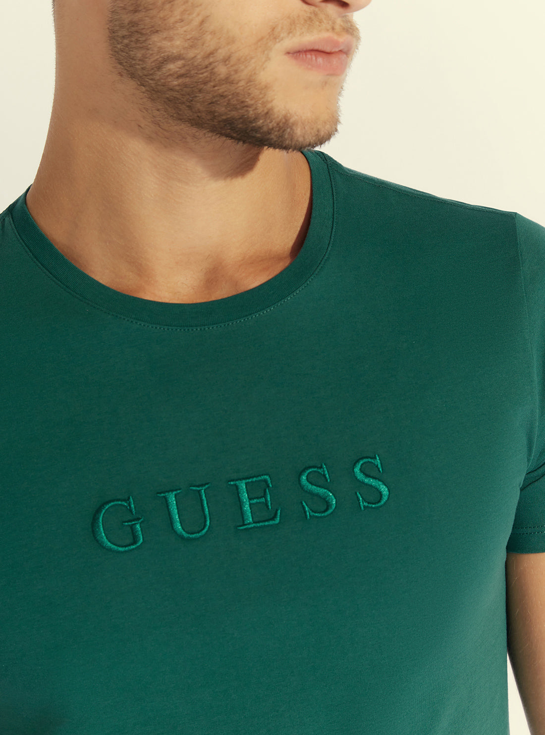 GUESS Mens Dark Green Pima Logo Crew Neck Tee M82P64R7HD0 Detail View