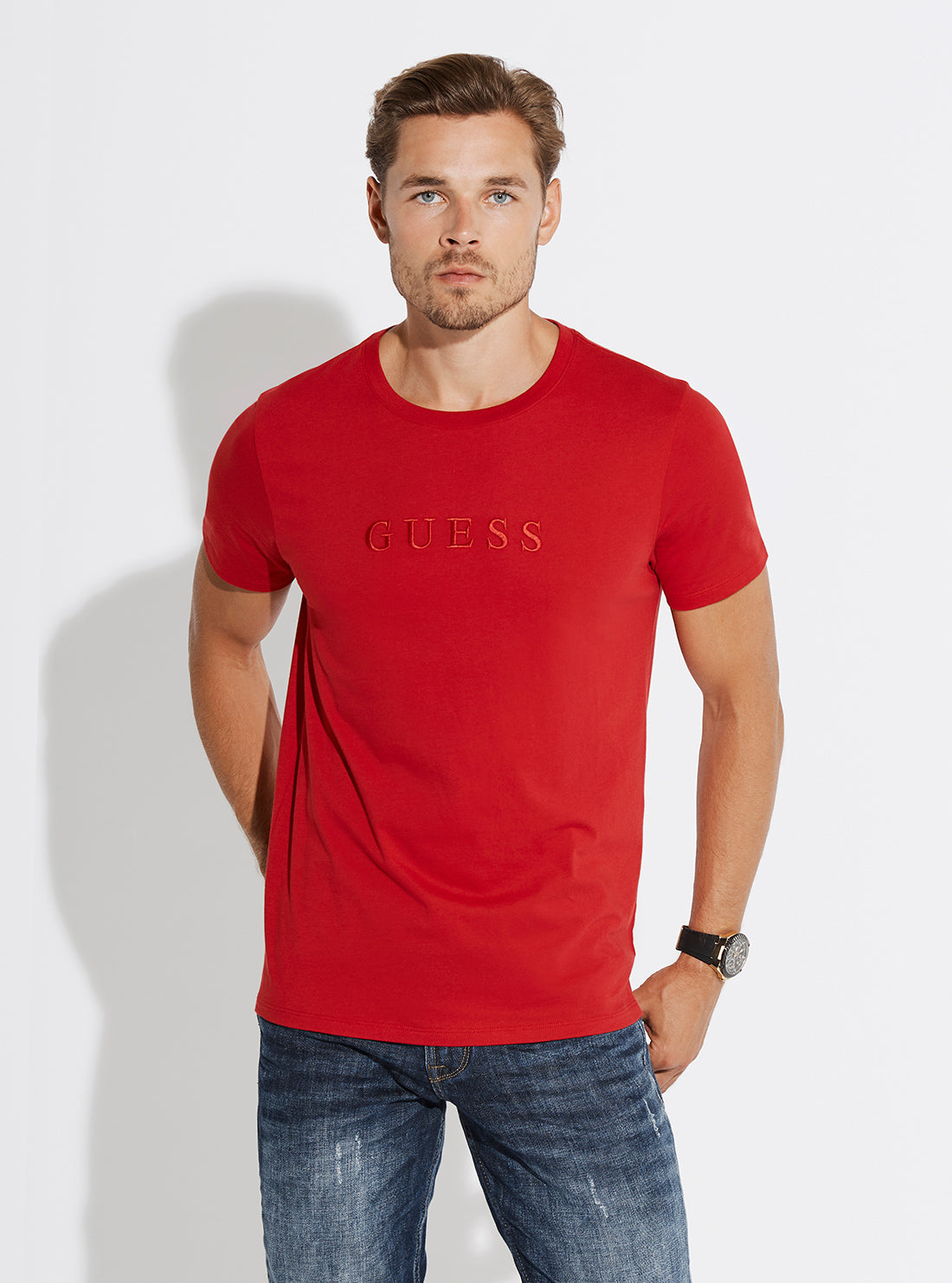 GUESS Mens Red Pima Logo Crew Neck Tee M82P64R7HD0 Front View