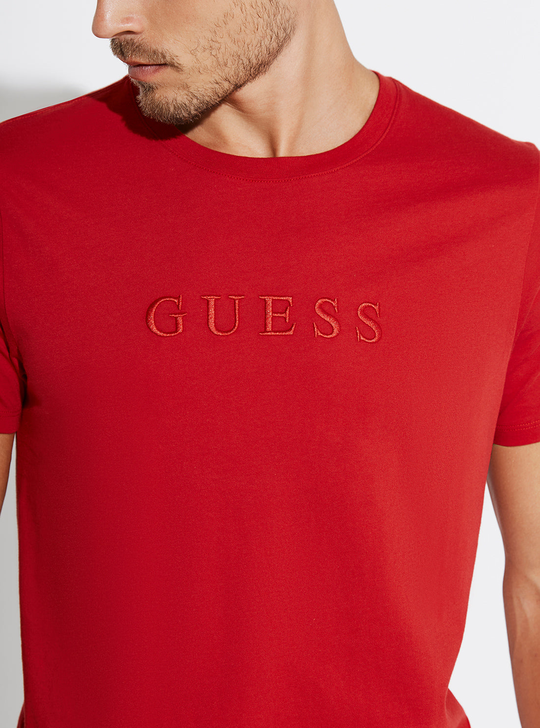 GUESS Mens Red Pima Logo Crew Neck Tee M82P64R7HD0 Detail View