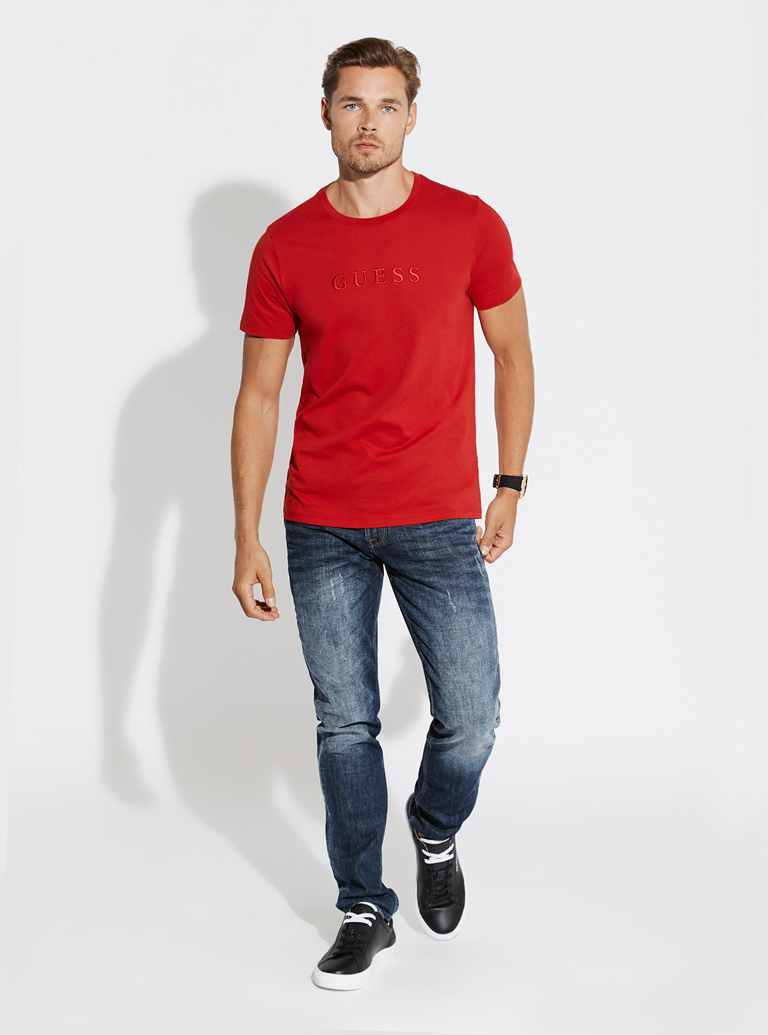 GUESS Mens Red Pima Logo Crew Neck Tee M82P64R7HD0 Full View