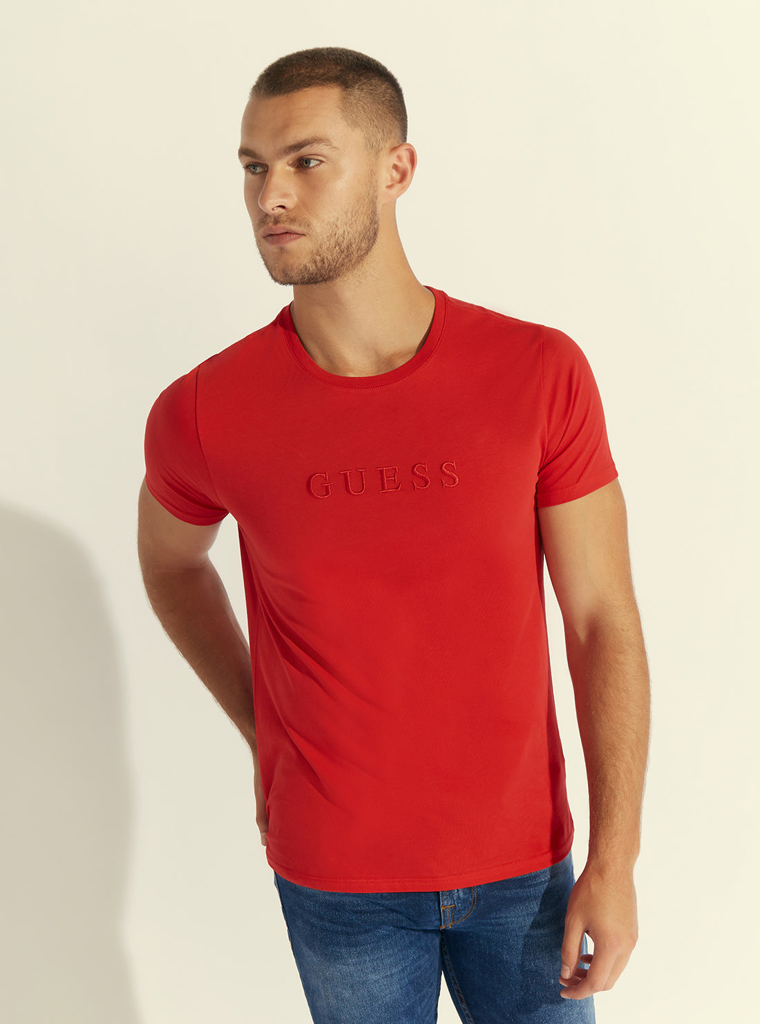 GUESS Mens Red Pima Logo Crew Neck Tee M82P64R7HD0 Front View