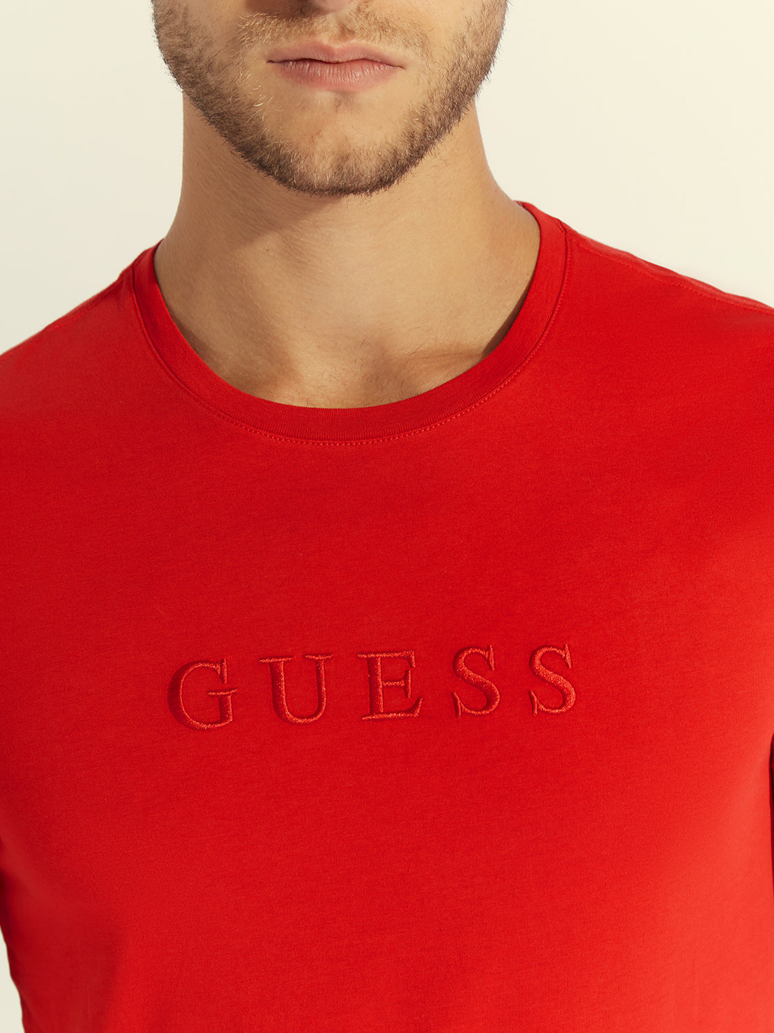 GUESS Mens Red Pima Logo Crew Neck Tee M82P64R7HD0 Detail View
