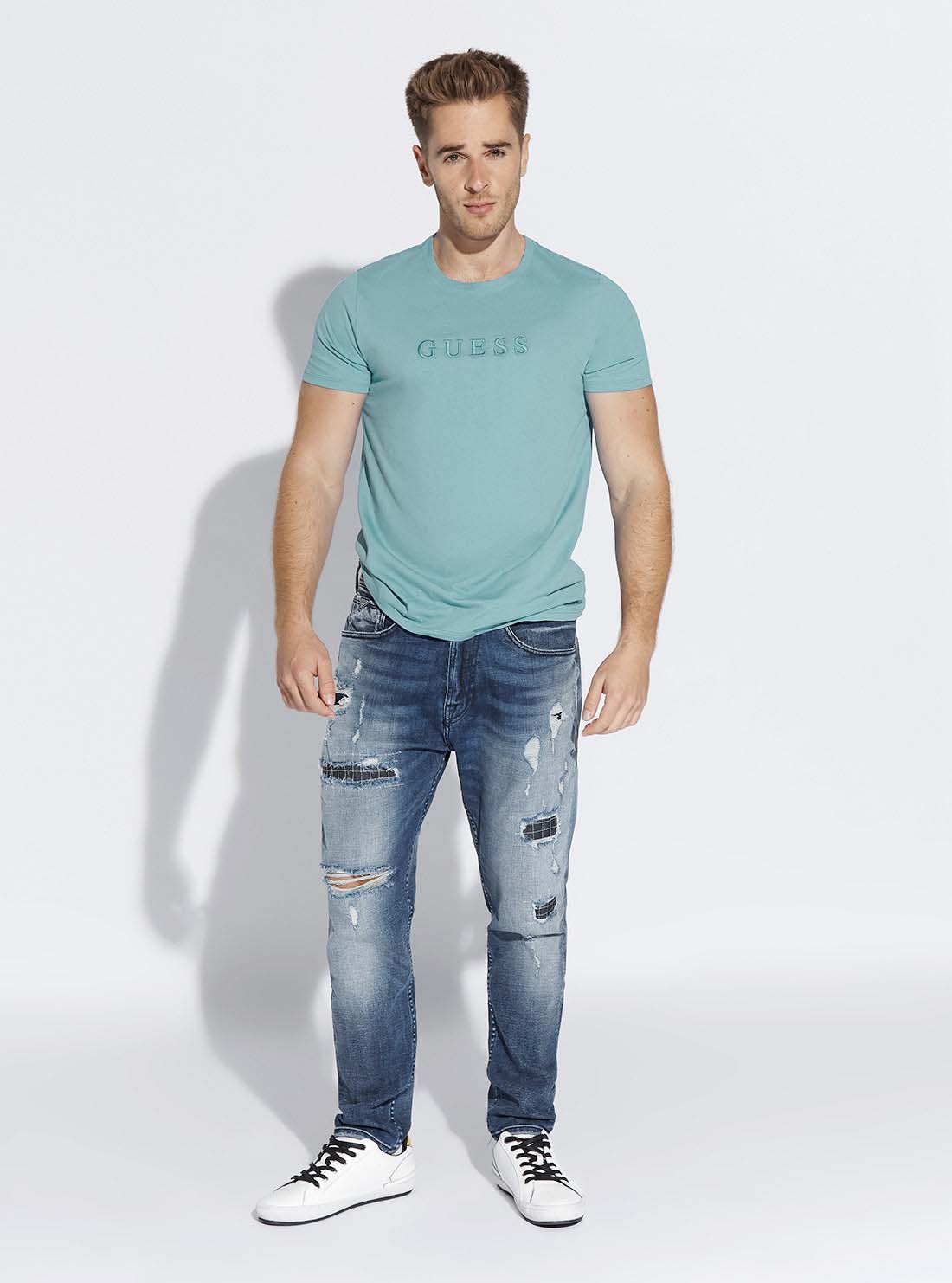 GUESS Mens Blue Pima Logo Crew Neck Tee    M82P64R7HD0 Full  View