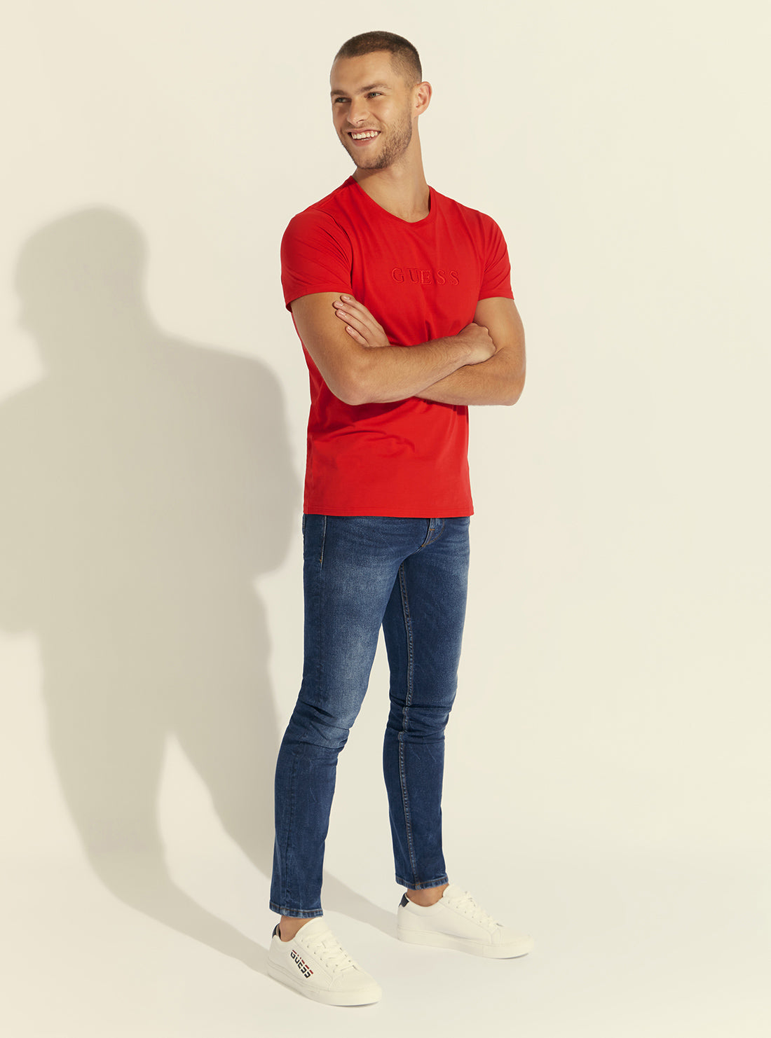 GUESS Mens Red Pima Logo Crew Neck Tee M82P64R7HD0 Full View