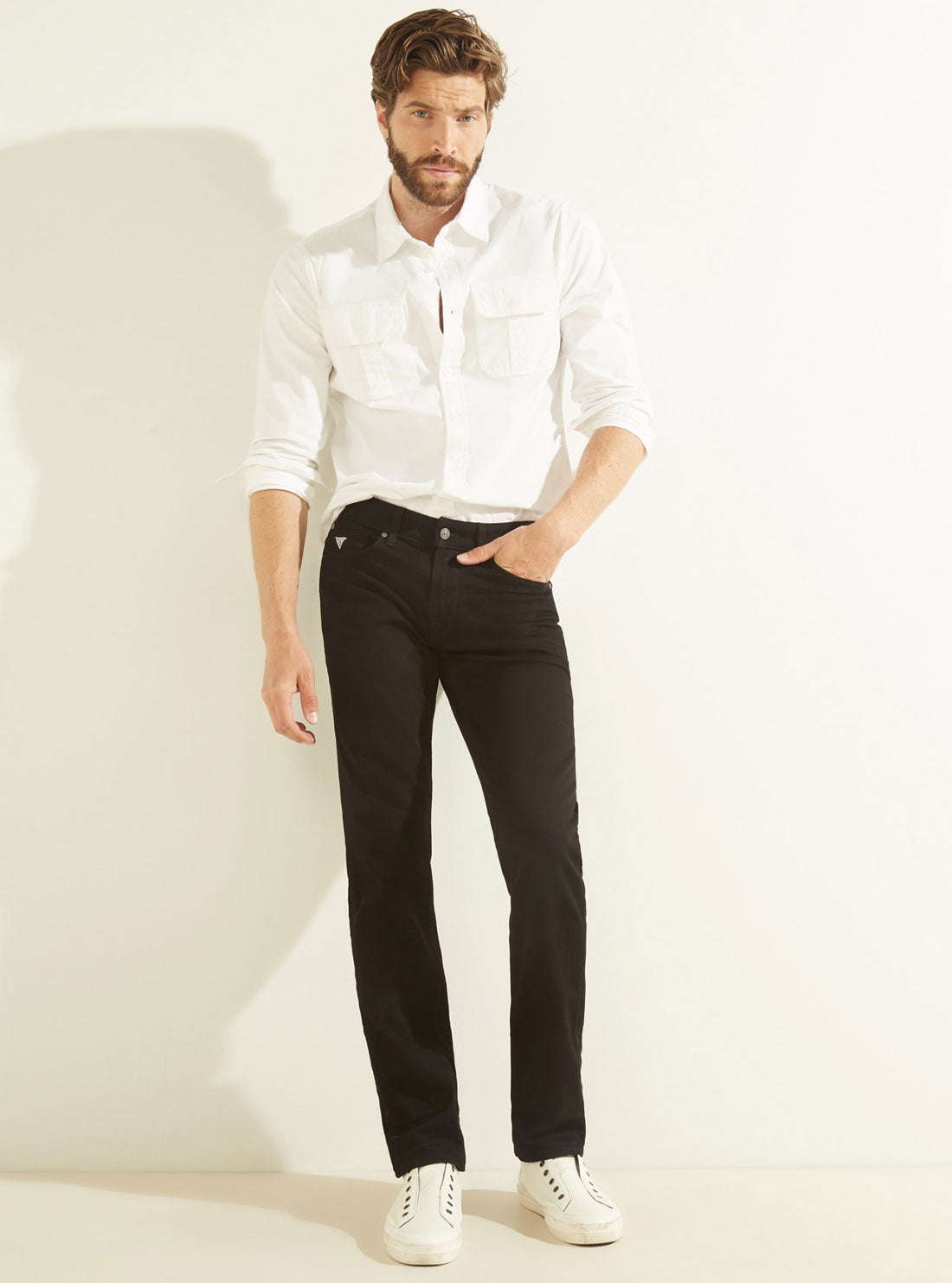 GUESS Mens Low-Rise Slim Straight Denim Jeans in Black Jailbreak Wash MB2AS1301KB Full View