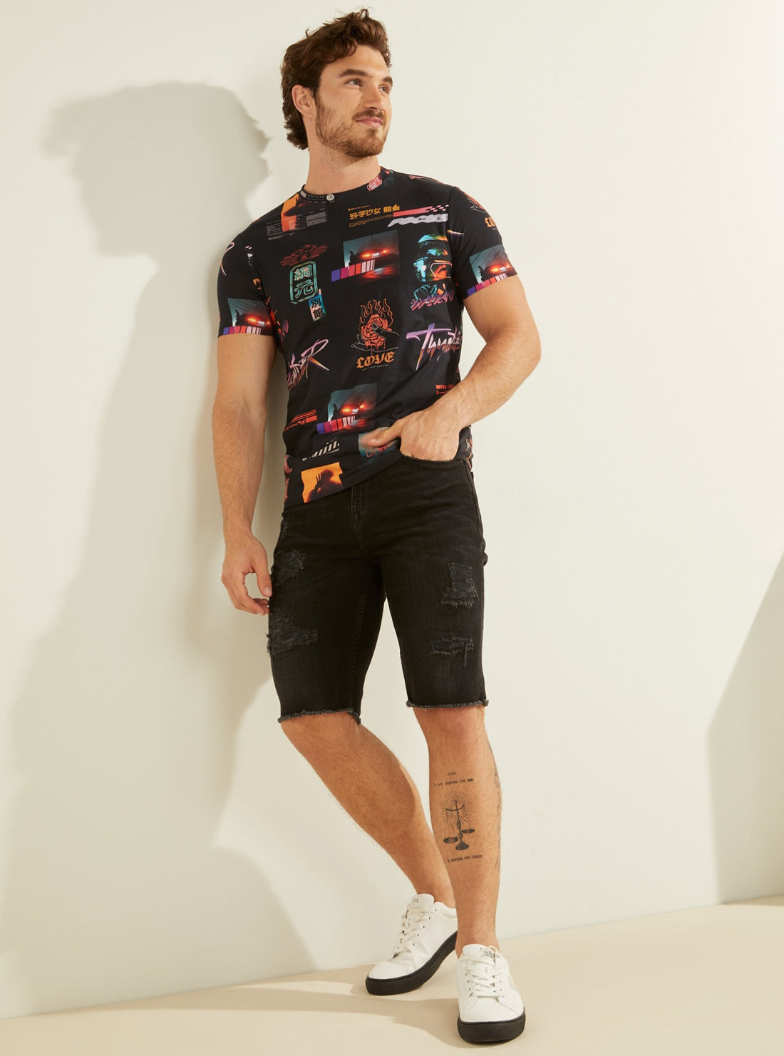 GUESS Mens Eco Black Neon Nights T-Shirt MBBI39K8HA1 Full View
