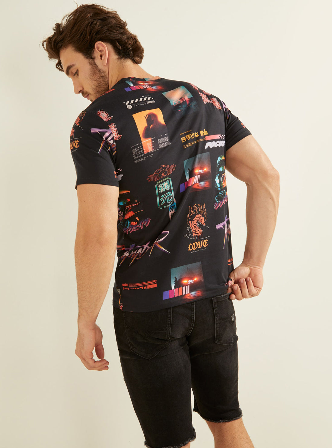 GUESS Mens Eco Black Neon Nights T-Shirt MBBI39K8HA1 Back View