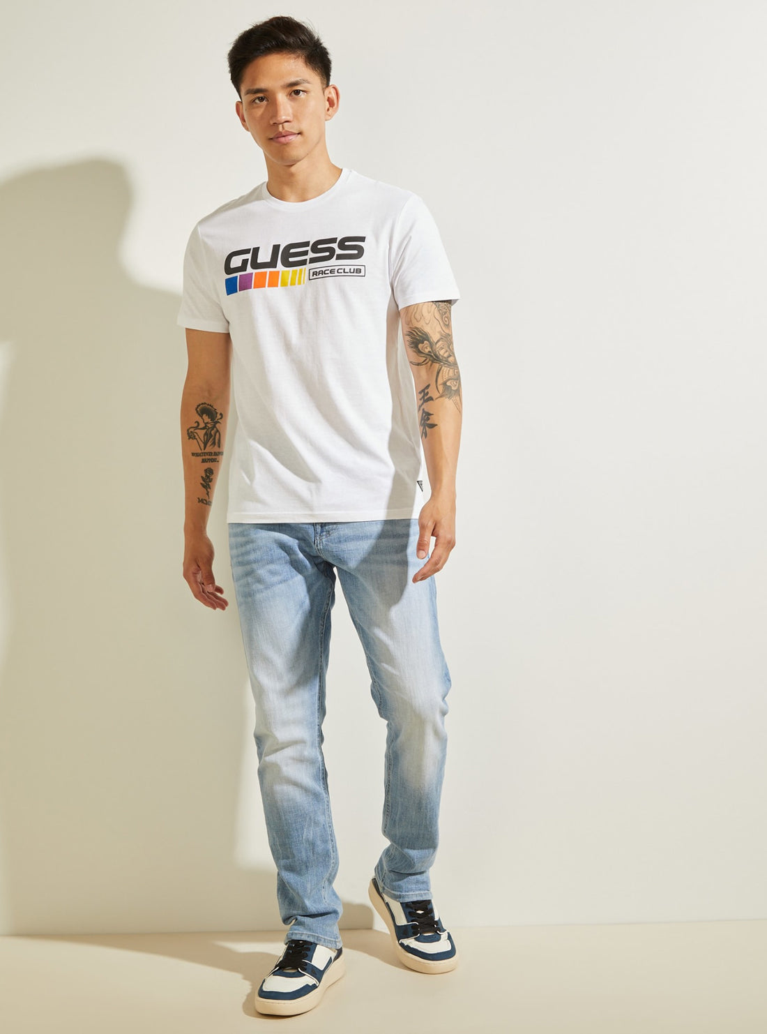 GUESS Mens Eco White GUESS Race Club T-shirt MBBI41KARC1 Full View