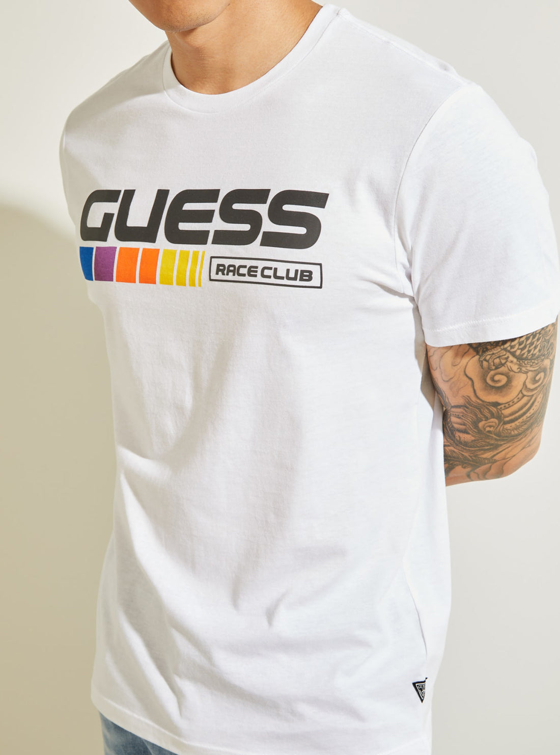GUESS Mens Eco White GUESS Race Club T-shirt MBBI41KARC1 Detail View