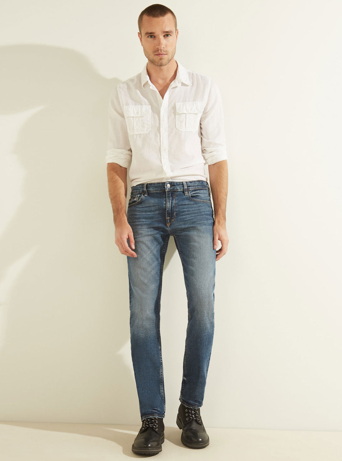 GUESS Mens Low-Rise Slim Straight Denim Jeans in Stratus Blue Wash MBGAS13041B Full View
