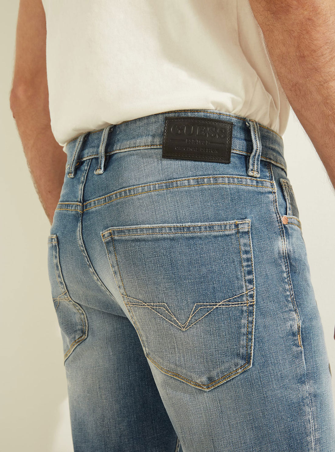 GUESS Mens Mid-Rise Slim Tapered Denim Jean in Light Tide Wash    MBGAS23041B Detail View