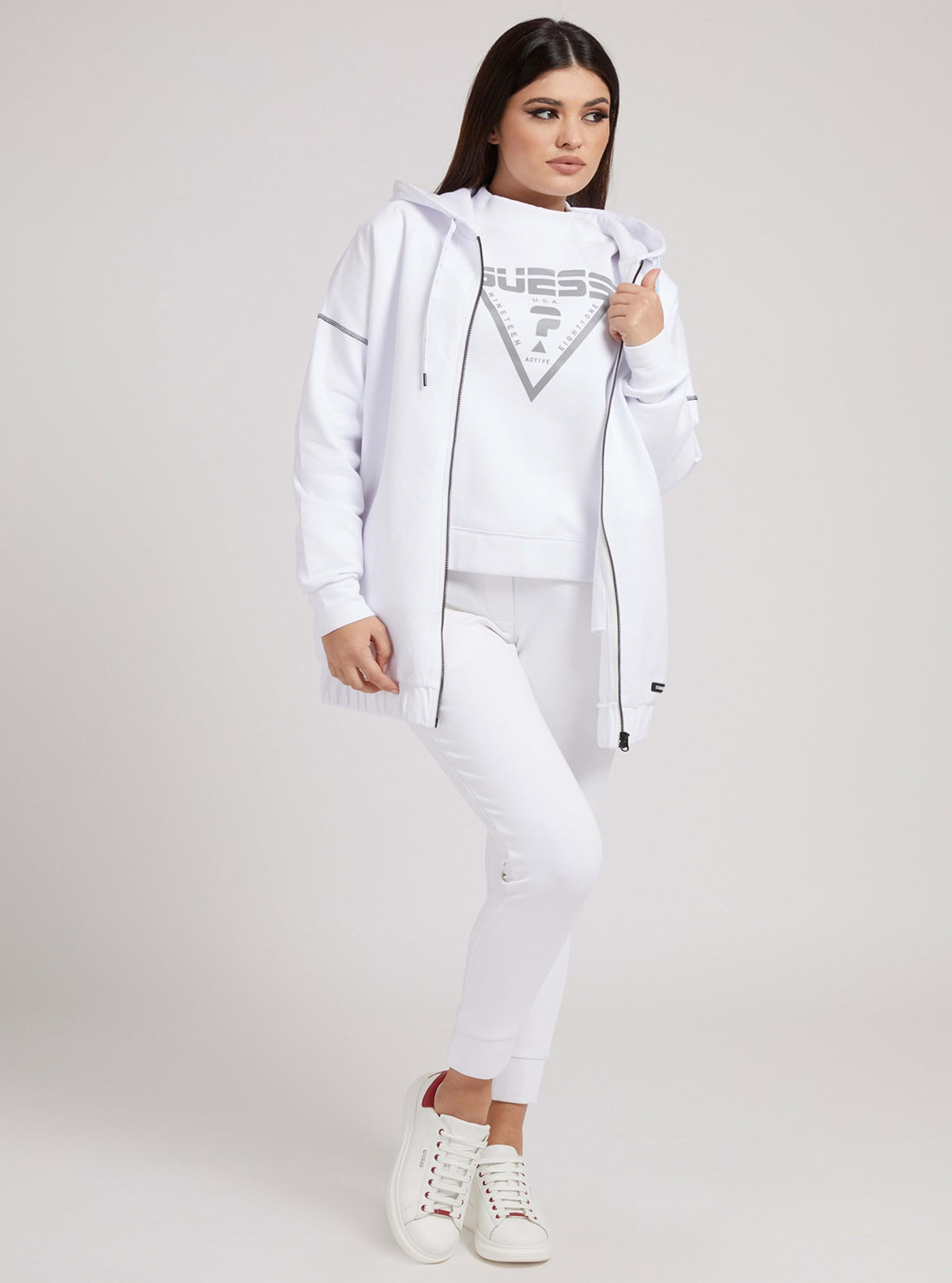 GUESS Womens  Eco White Caren Long Hoodie Jacket O1BA68FL03S Full View