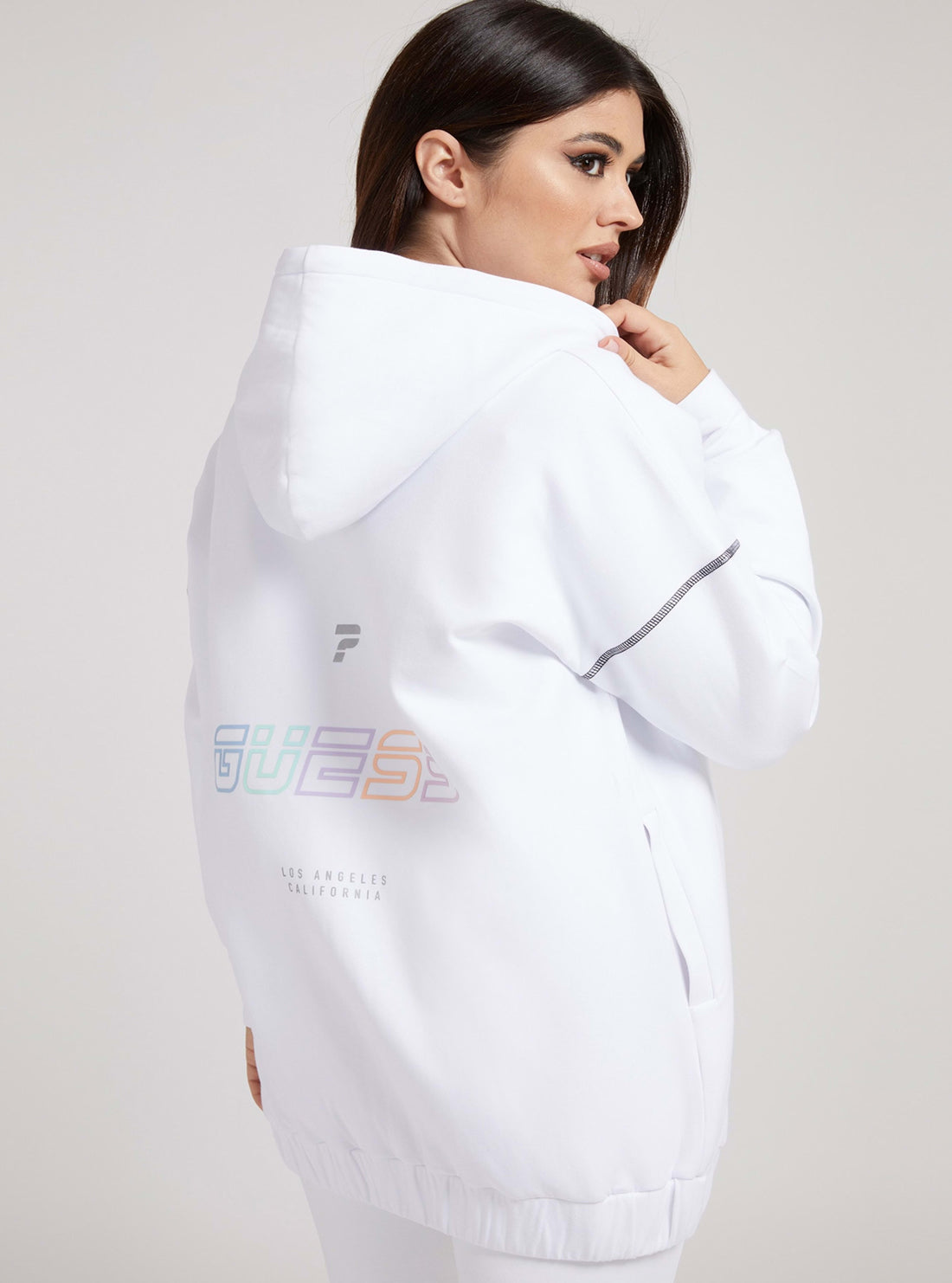 GUESS Womens  Eco White Caren Long Hoodie Jacket O1BA68FL03S Back View