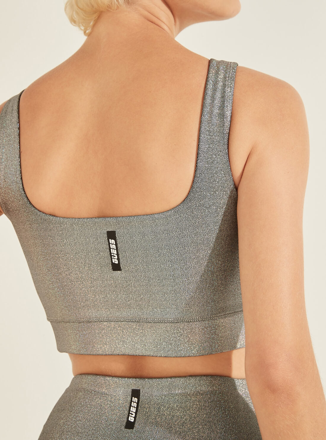 GUESS Womens  Silver Holographic Edith Active Bra O1BA78MC04H Detail Back View