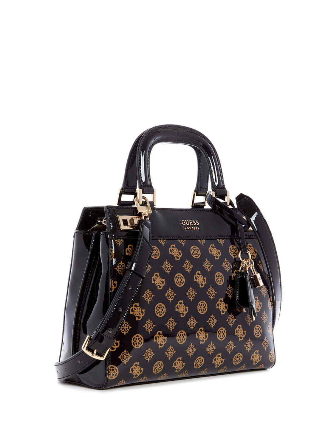 GUESS Womens  Black Brown Katey Quattro G Luxury Satchel PG787028 Front Side View