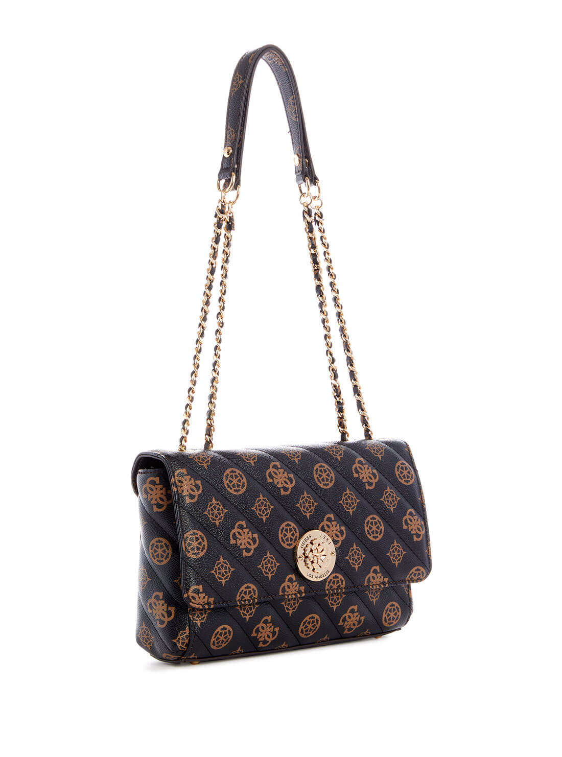 GUESS Womens  Black Brown Quilted Always Convertible Crossbody Satchel PG842521 Front Side View