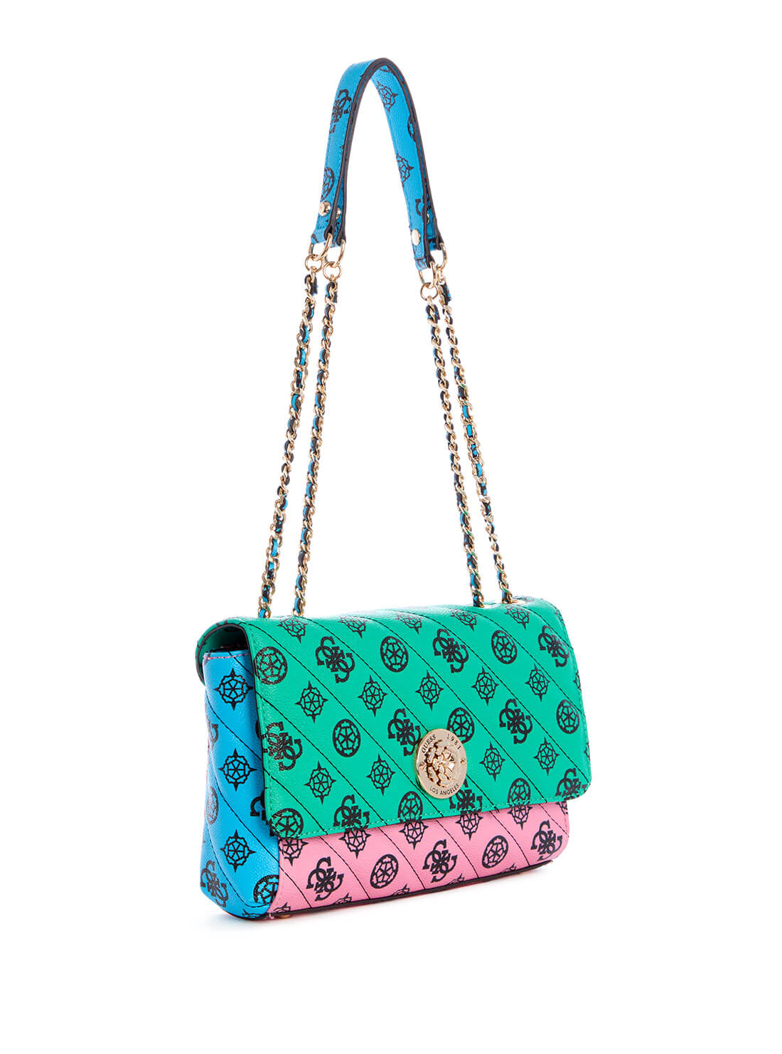 GUESS Womens  Green Multi Quilted Always Convertible Crossbody Satchel PG842521 Front Side View