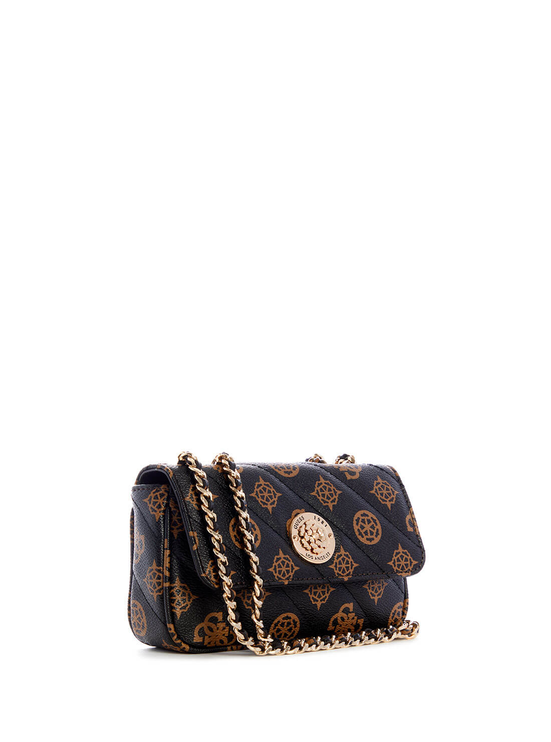 GUESS Womens  Black Brown Quilted Always Mini Crossbody Bag PG842578 Front Side View