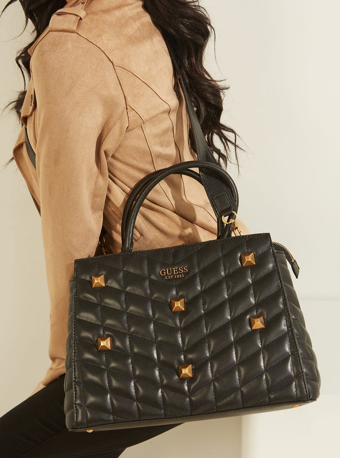 GUESS Womens Black Brera Studded Satchel QB840406 Model View