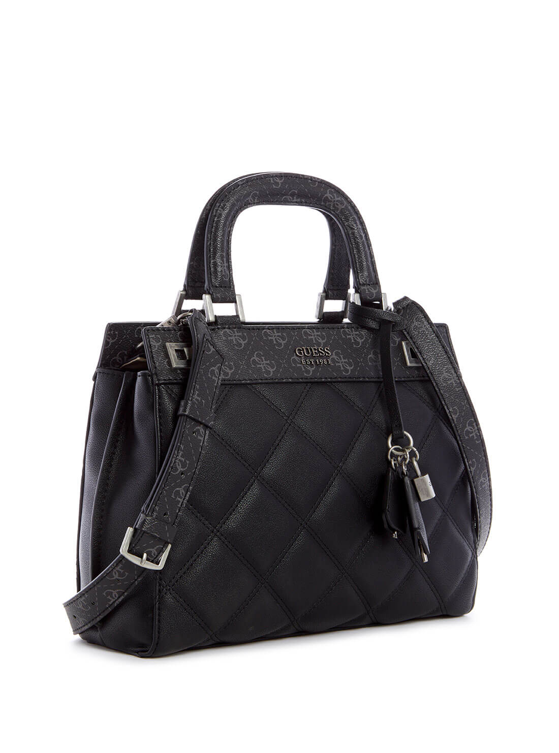 GUESS Womens Black Quilted Katey Luxury Satchel QN787028 Front Side View