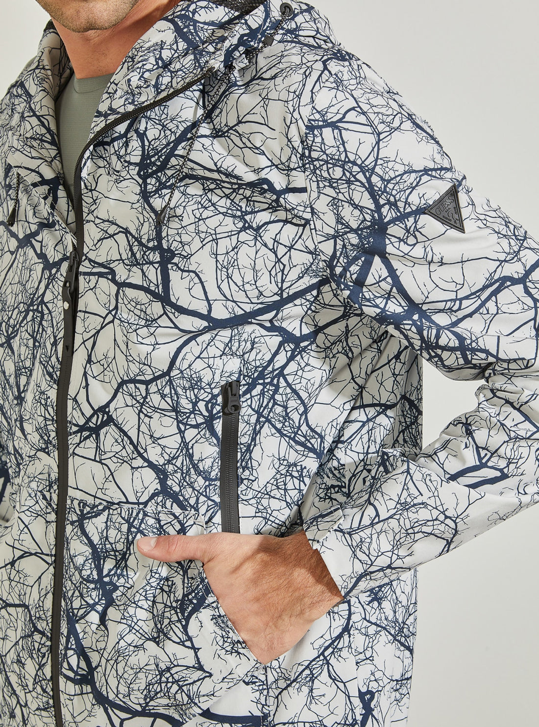 GUESS Mens Eco White Blue Tree Graphic Kaden Jacket U1BA15WDFJ0 Detail View