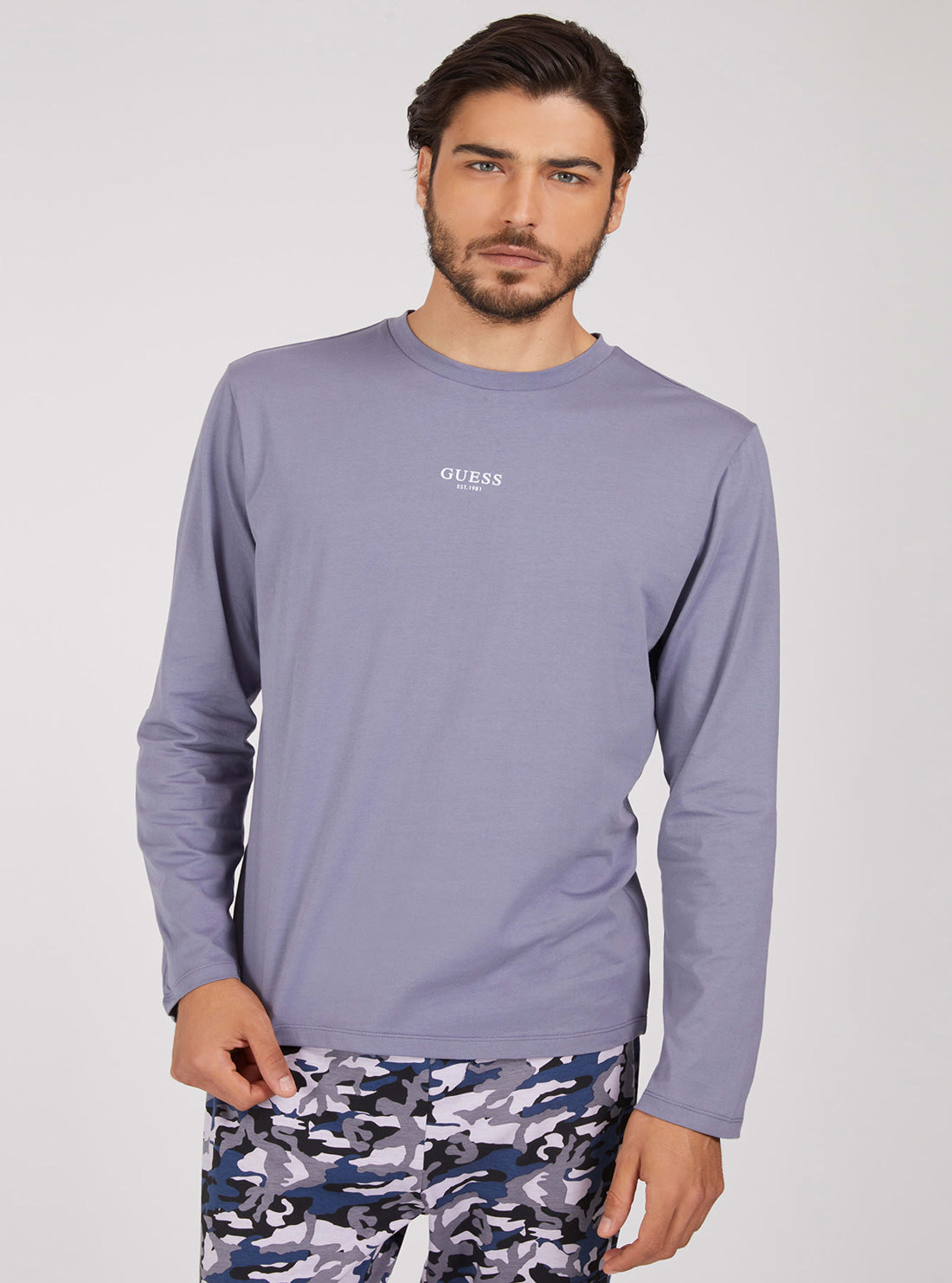 GUESS Mens Blue Camouflage Cotton Pyjama 2-Piece Set U1BX01JR018 Top View