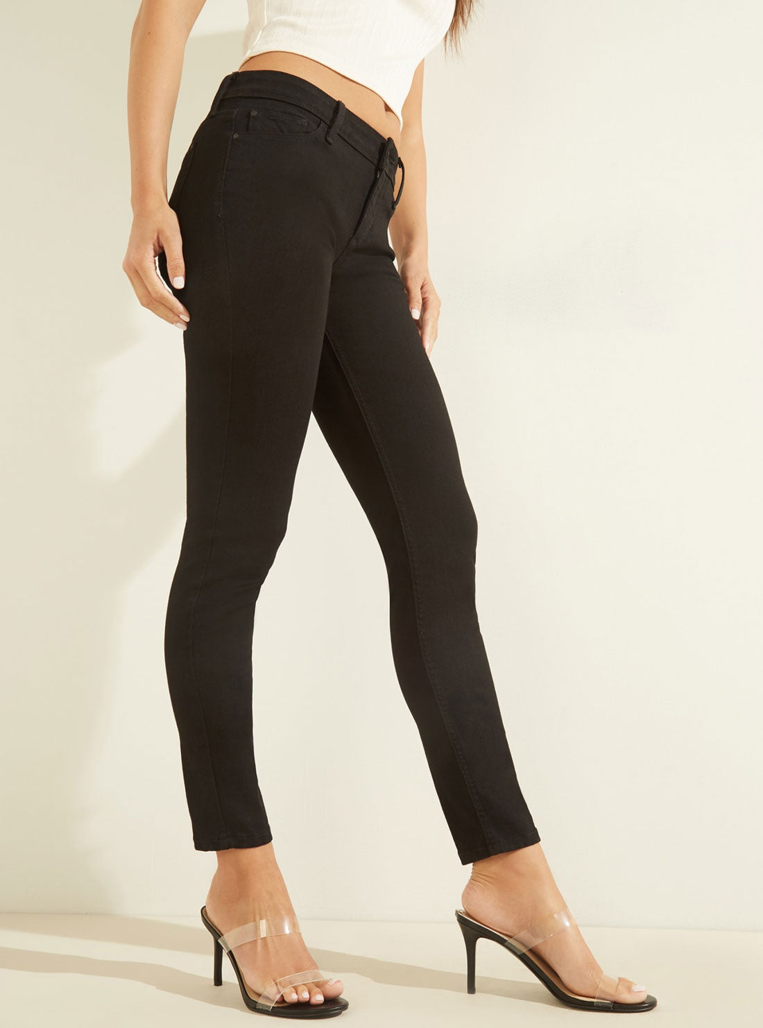GUESS Womens Eco Low-Rise Power Black Skinny Denim Jeans In Noria Wash W0FAB2D3VP0 Side View