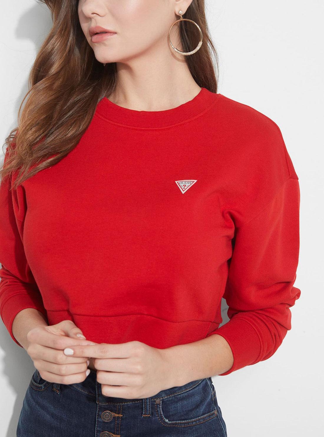 GUESS Womens Red Cropped Logo Crew Neck Sweatshirt W0GI63R4BD2 Detail View
