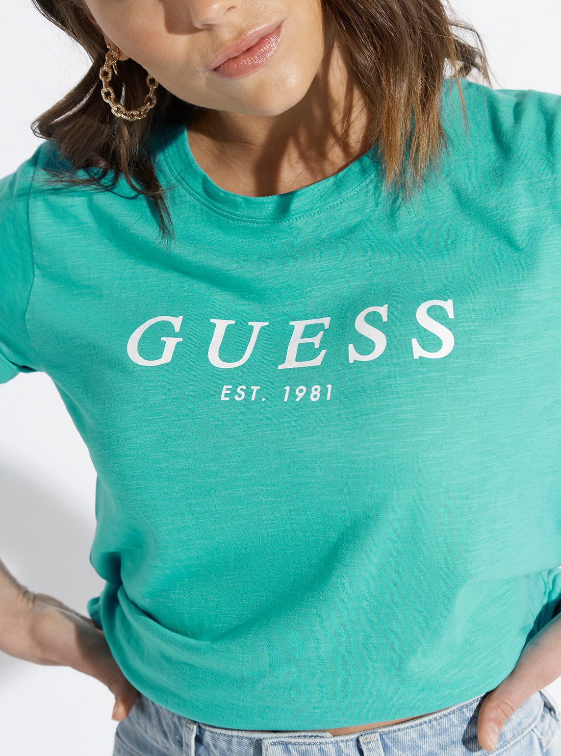GUESS Womens Eco Teal Green Short Sleeve GUESS 1981 Rolled Cuff T-Shirt W0GI69R8G01 Detail View