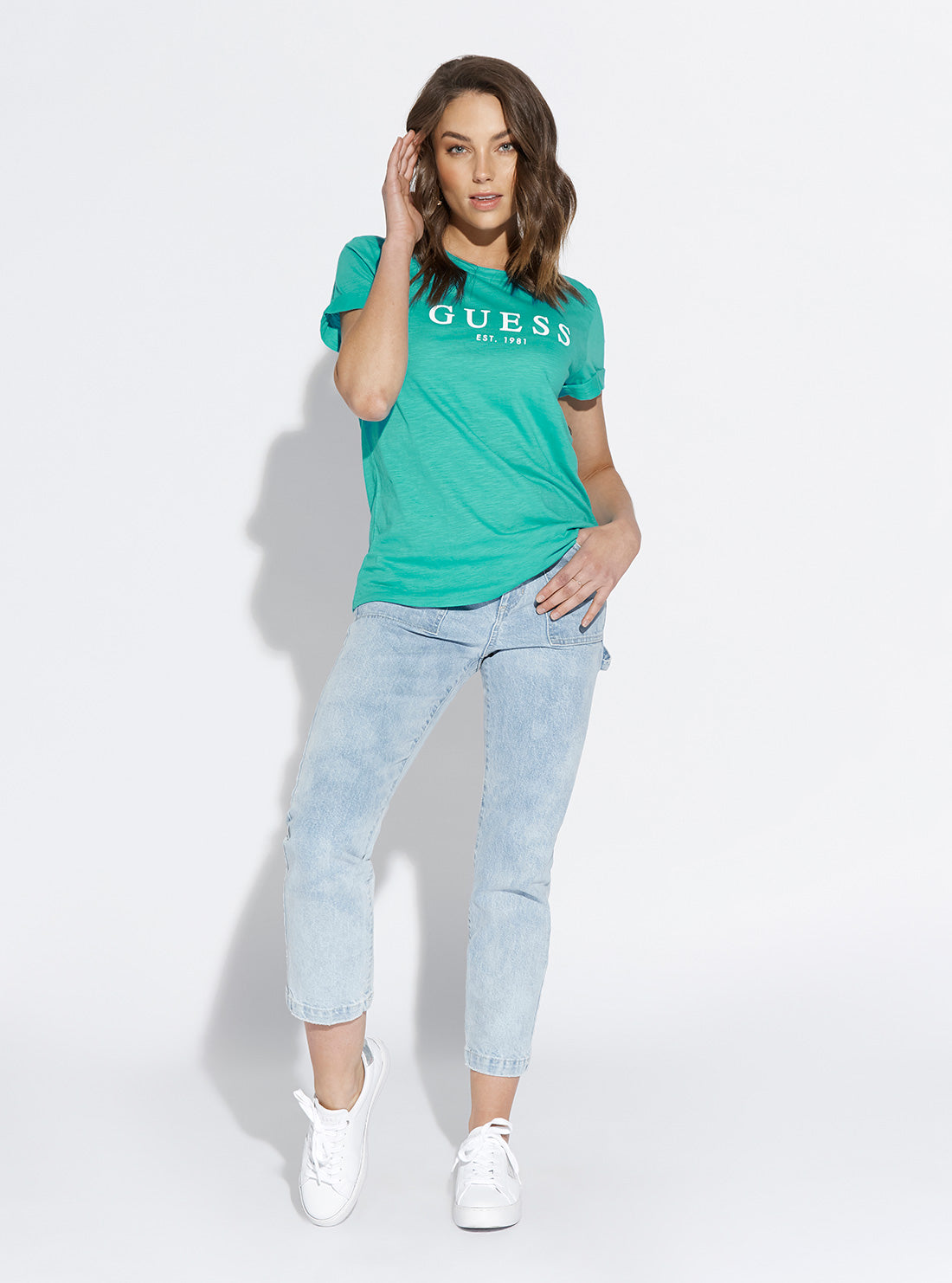 GUESS Womens Eco Teal Green Short Sleeve GUESS 1981 Rolled Cuff T-Shirt W0GI69R8G01 Full View