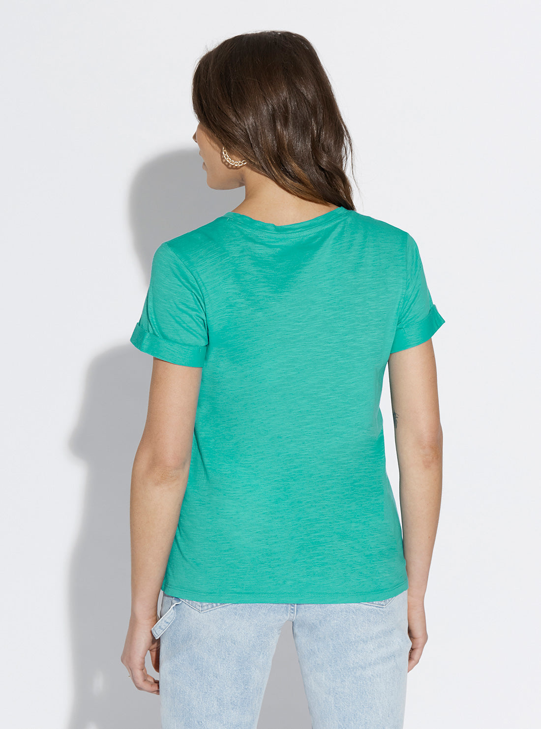 GUESS Womens Eco Teal Green Short Sleeve GUESS 1981 Rolled Cuff T-Shirt W0GI69R8G01 Back View