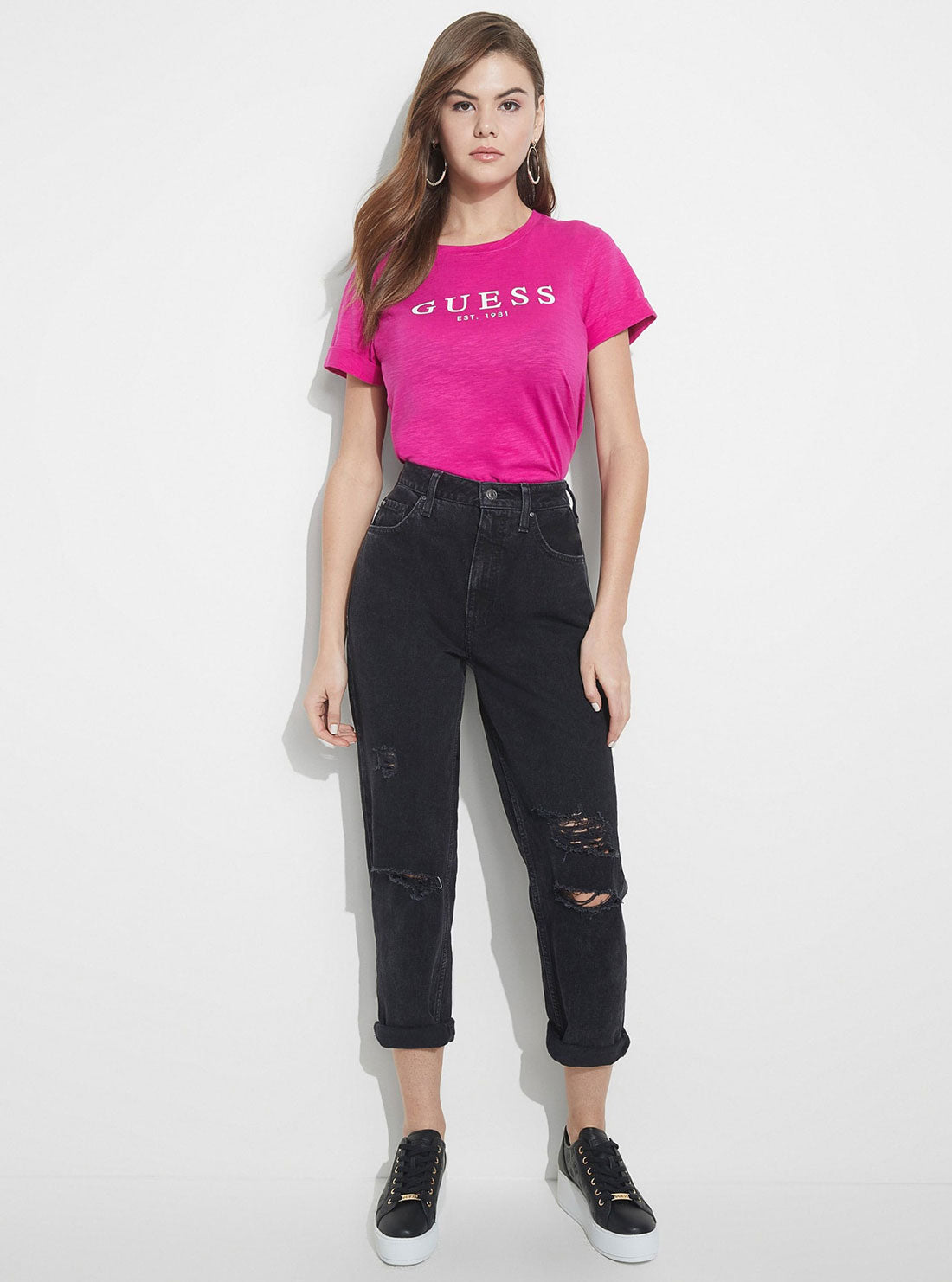 GUESS Womens Eco Fuchsia Short Sleeve GUESS 1981 Rolled Cuff T-Shirt W0GI69R8G01 Full View