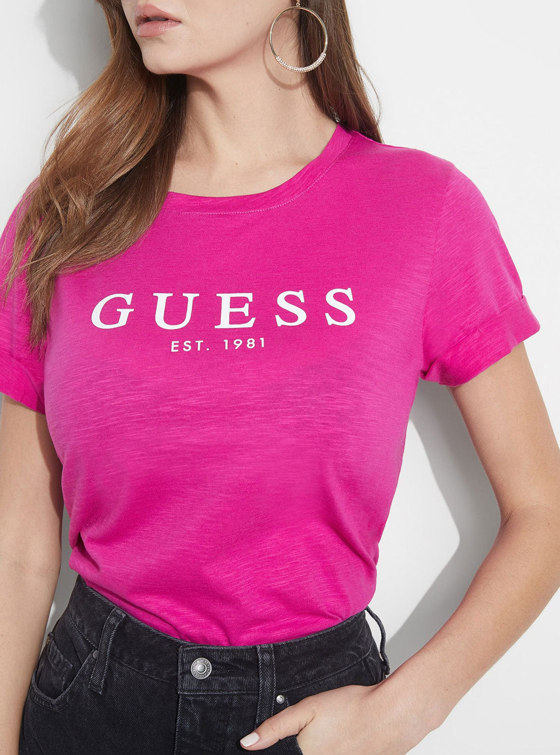 GUESS Womens Eco Fuchsia Short Sleeve GUESS 1981 Rolled Cuff T-Shirt W0GI69R8G01 Detail View