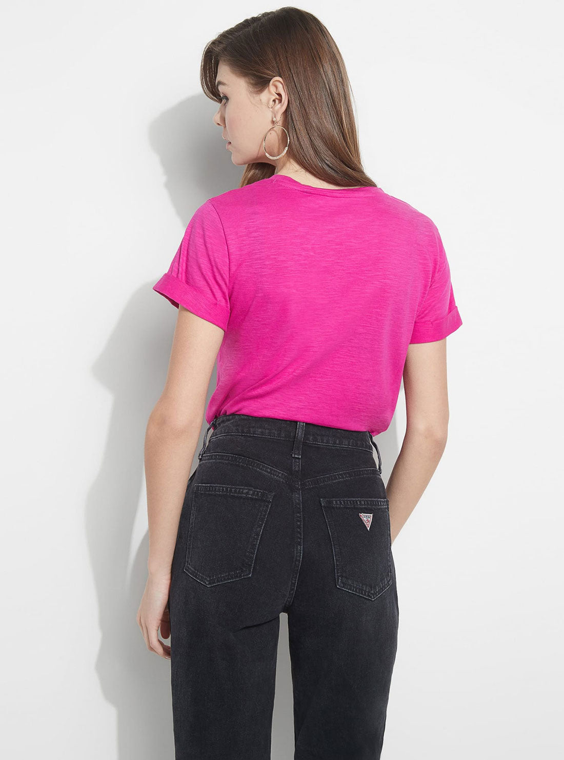 GUESS Womens Eco Fuchsia Short Sleeve GUESS 1981 Rolled Cuff T-Shirt W0GI69R8G01 Back View