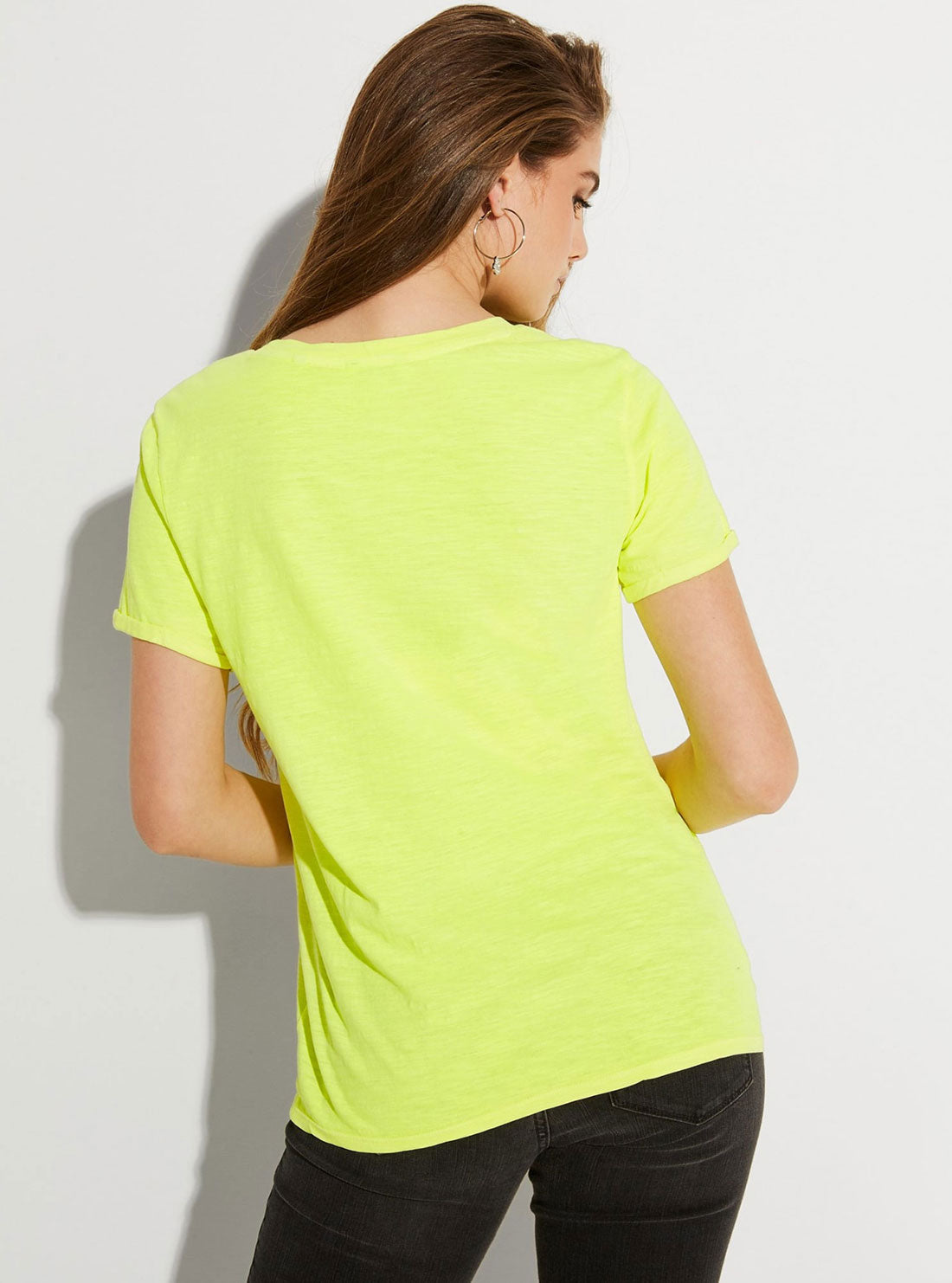GUESS Womens Eco Yellow Short Sleeve GUESS 1981 Rolled Cuff T-Shirt W0GI69R8G01 Back View