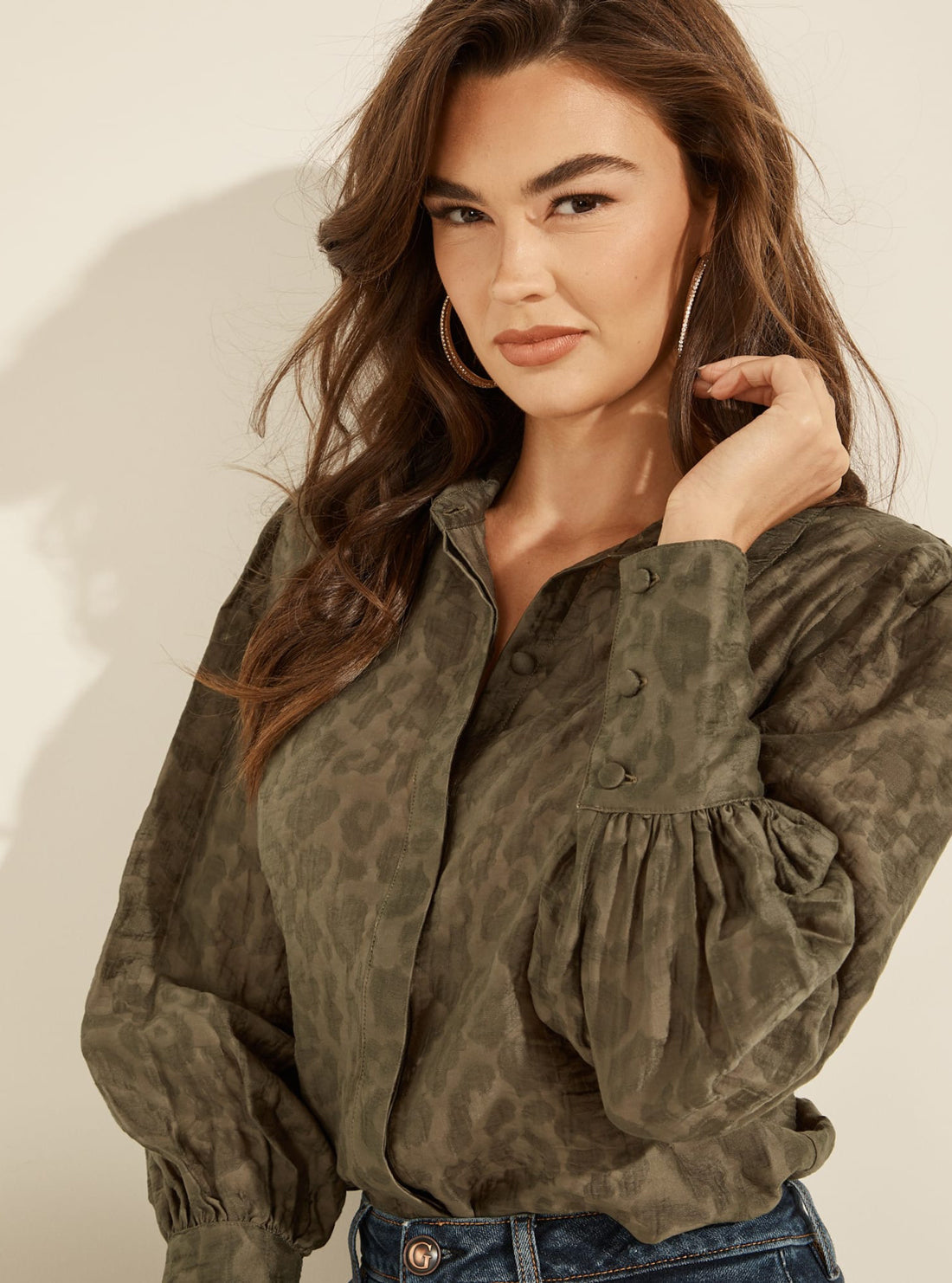 GUESS Womens Khaki Green Raven Button-Up Shirt W0YH51RDE80 Detail View