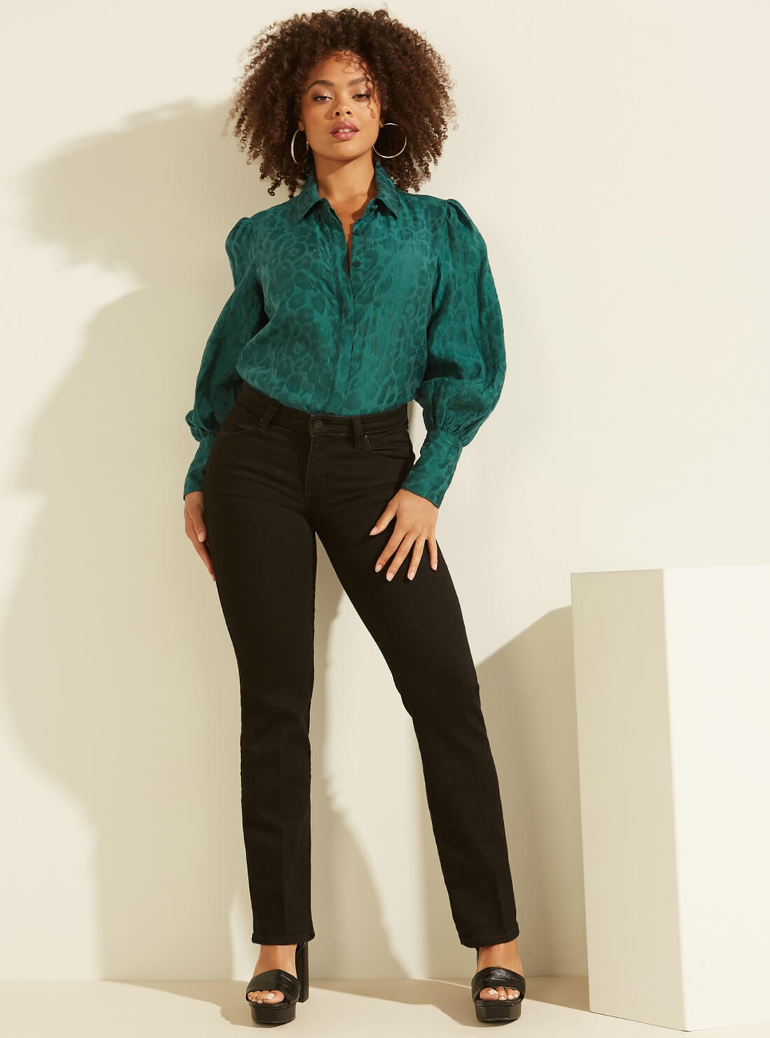 GUESS Womens Jade Green Raven Button-Up Shirt W0YH51RDE80 Full View