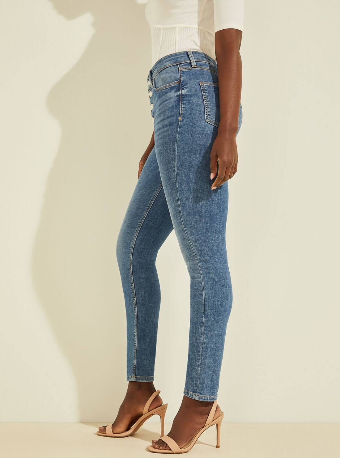 GUESS Womens 1981 High-Rise Skinny Denim Jeans in Blue Drum Wash W1BA28D4HG3 Side View